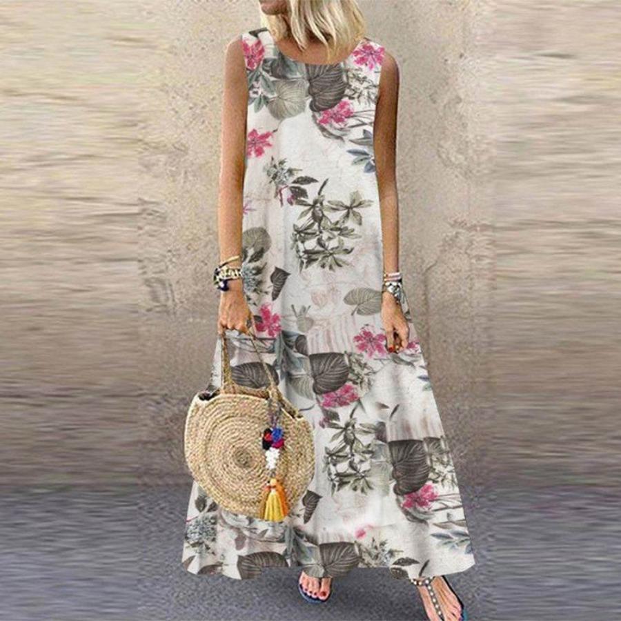 Женское платье-жилет из хлопка и льна в стиле ретро, ​​винтажное повседневное летнее платье с круглым вырезом без рукавов, длинные макси-платья большого размера