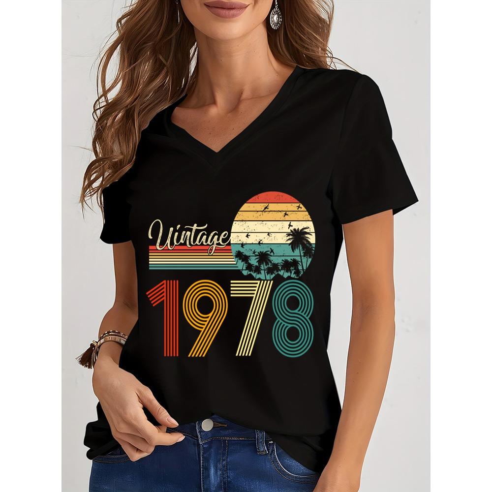 Женские футболки 1975 года с графическим винтажным принтом 1970–1979 годов, повседневные, с V-образным вырезом, модные, с V-образным вырезом, летние, эстетичные, ретро-рубашки для женщин
