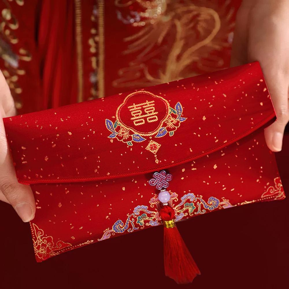 Multiple Patterns Wedding Red Packet Tassel Design Best Wishes Brocade Red Envelope HongBao Embroidery New Year's Blessing Bag