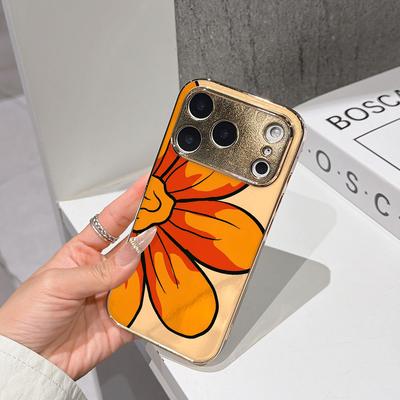 LUCKYSTART Ударопрочный Милый Чехол Чехол для Телефона Для iPhone 17 16 15 14 13 12 11 Pro Max 16E Позолоченный Стеклянный Корпус Смелый Оранжевый Цветок Обложка