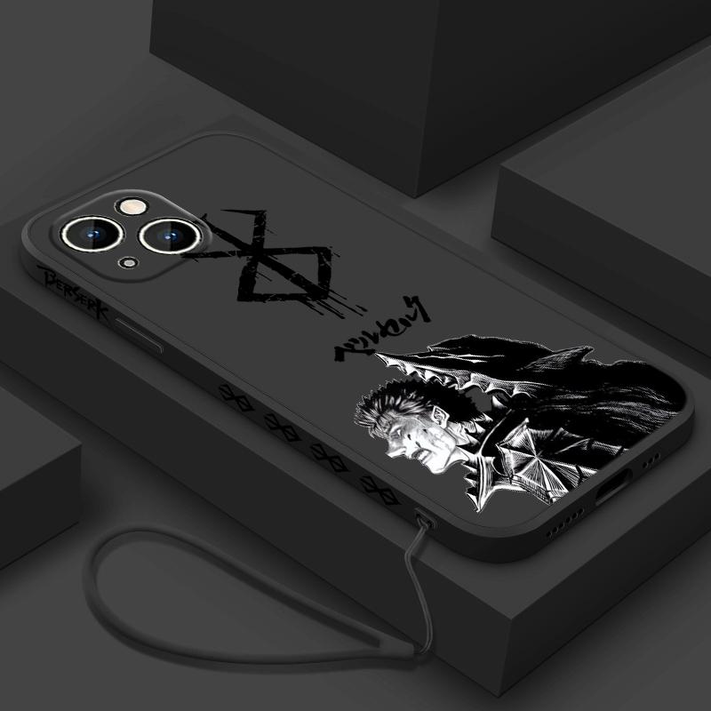 Berserk Anime Cute For Apple iPhone 15 14 13 12 11 XS XR X 8 7 Pro Max Plus Mini Liquid Left Rope Phone Case