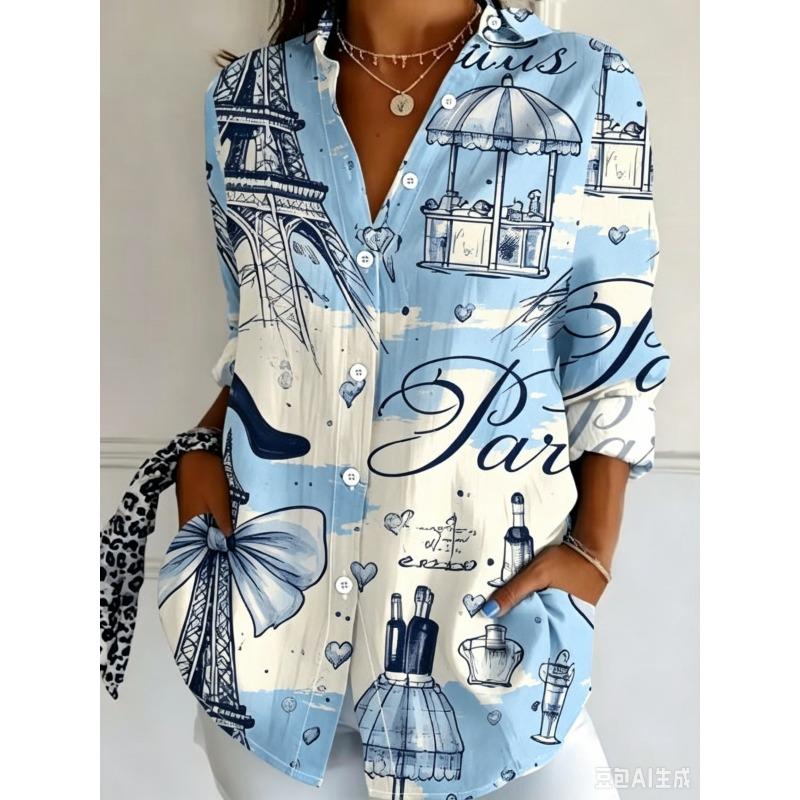 Women's Long Sleeve Button Down Shirt Paris Eiffel Tower Print Casual Loose Blouse Tops, Multiple Colors Available