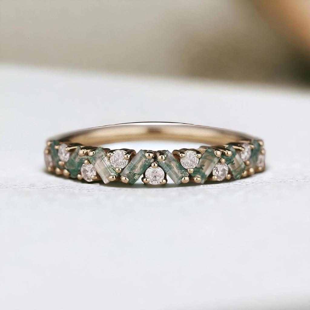 Natural Unique Moss Agate Ring Moss Agate Wedding Band Gold Rings Art Deco Eternity Band Moss Agate Matching Rings Personalized Gift For Her