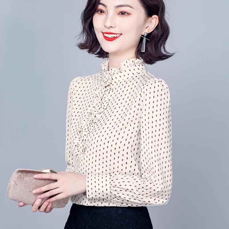 Trendy Women's Slim Long Sleeve Stand Collar Chiffon Shirt - Versatile Casual Wear for Spring & Autumn 2024