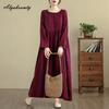 Korean Style Spring Autumn Women Solid Basic Midi Dress Brief O Neck Cotton Red Green Black Purple Oversized Baggy Dress Casual Loose Plus Size Gown