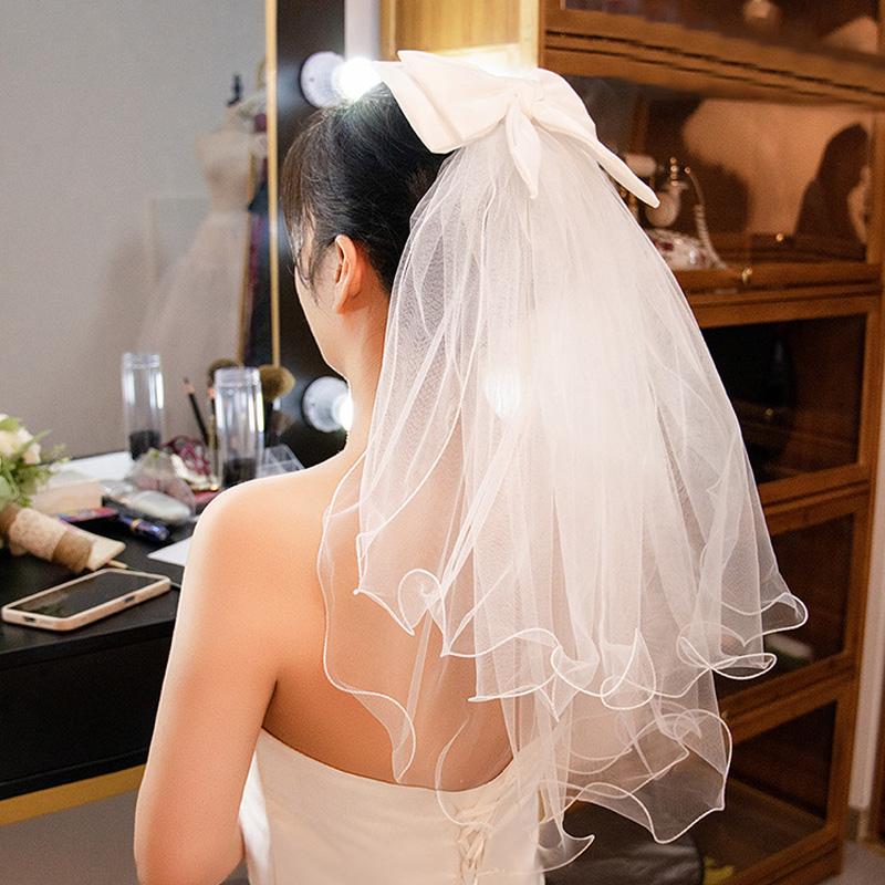 1 шт. Свадебная фата с кружевной кромкой, короткая, элегантный бант, жемчуг, свадебные аксессуары, двухслойная, белая, из тюля для женщин