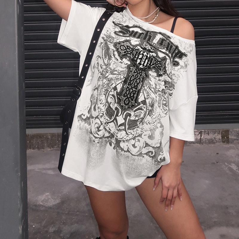 Gothic Print Loose T Shirts Women Casual White T-shirts Spring Autumn Oversized Tees Y2k Tops Streetwear