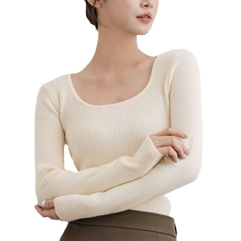 "Женский вязаный свитер с квадратным вырезом": Длинный рукав, плюс бархат, однотонный, на осень и зиму.