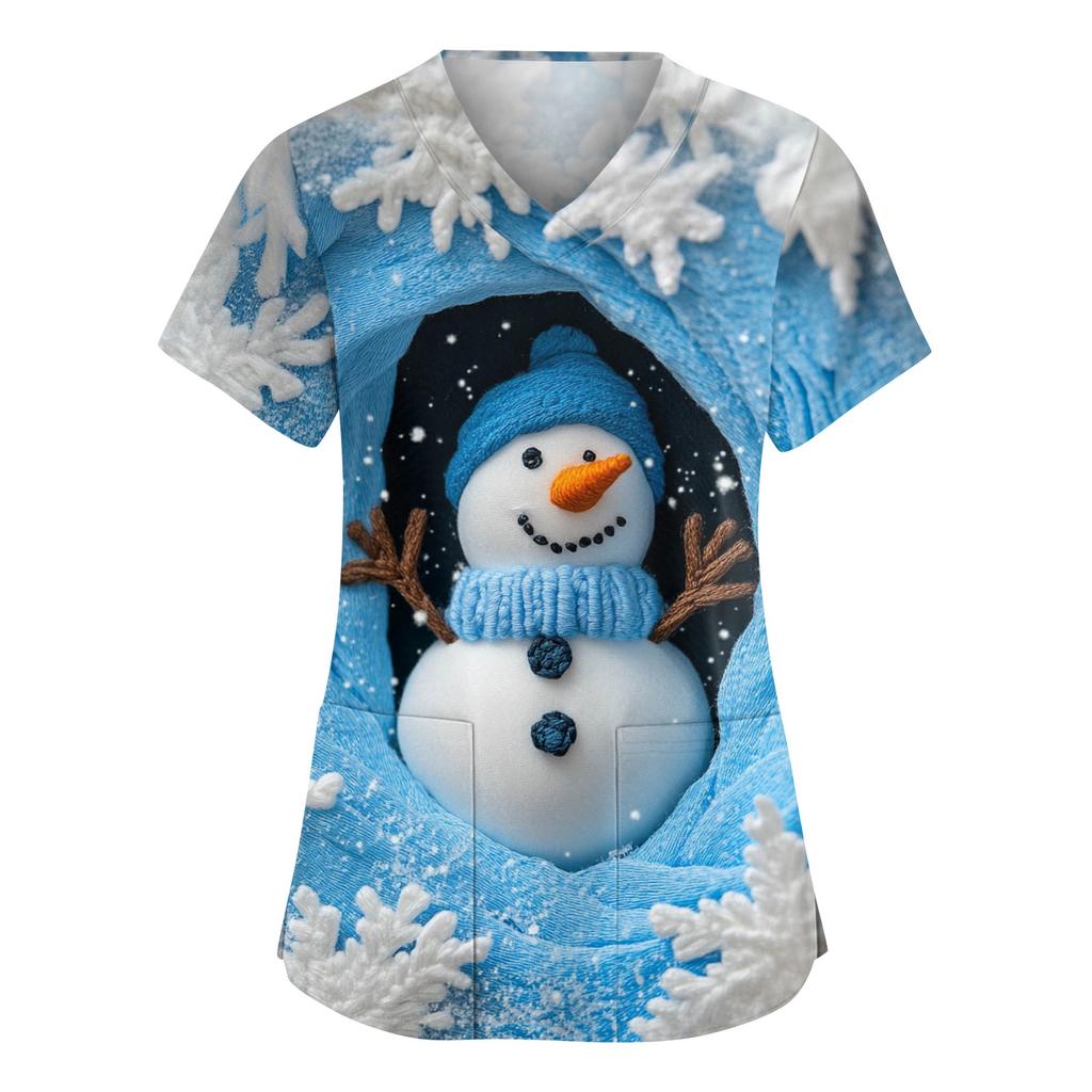 Женский модный рабочий топ с V-образным вырезом, рождественским принтом, короткими рукавами, карманом, боковым разрезом, базовый пуловер