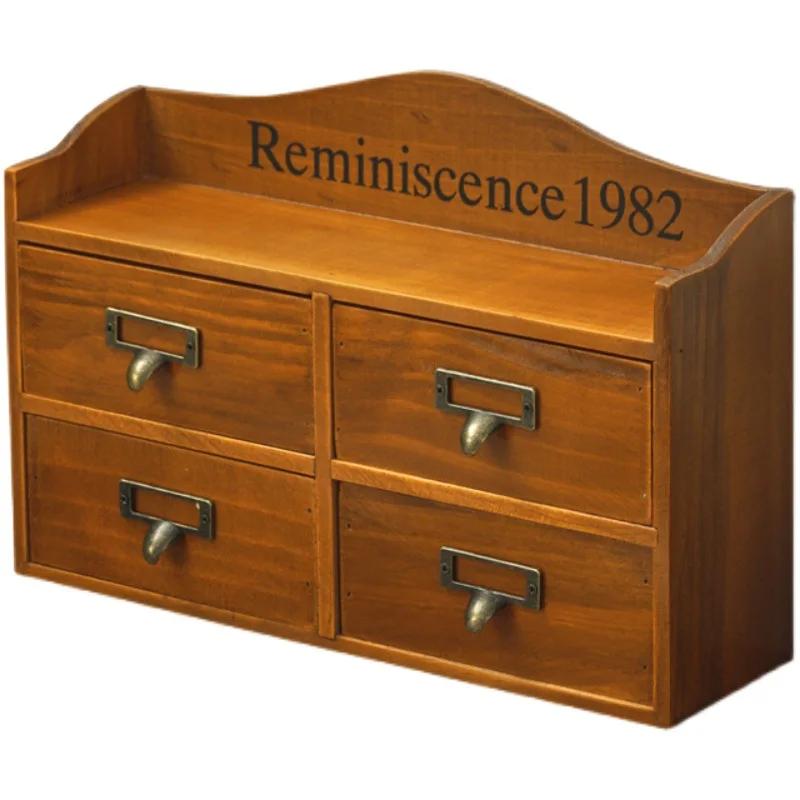 Vintage Wooden Storage Box Drawer Type Jewelry   Desktop 4 Lattice Display Casket Skin Care Product Sorting Case Zakka