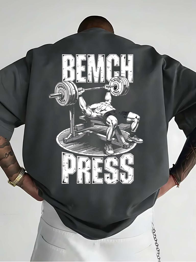 Mens Gym TShirt with Bench Press Weightlifting Graphic Heavy Duty Fitness Design Large Lettering Navy Blue Regular Fit Shirt