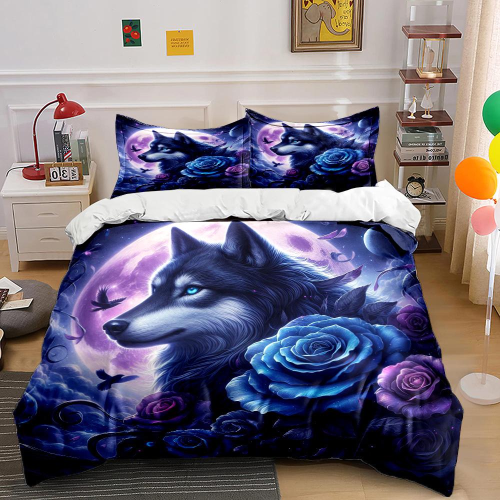 Wolf and Rose Print Bedding Set Sports Enthusiast Duvet Cover 1 Duvet Cover 2 Pillowcases Adult and Children Bedding Set Luxury