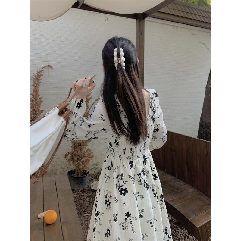 Women's Floral French-Style Slim Long Dress - Autumn/Winter 2022