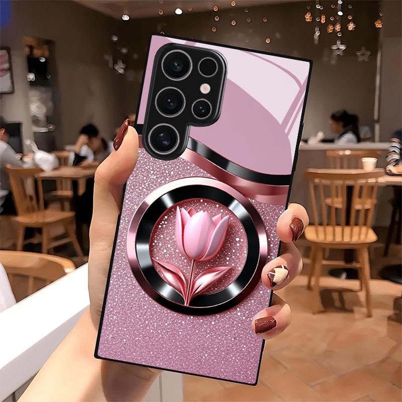Stylish Shiny Pink Tulip Glass phone case mobile phones fashion phone cases for Samsung Galaxy S26 S25 S24 S23 S22 FE Ultra Plus