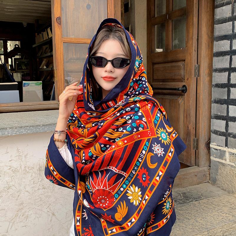Summer cotton and linen feel scarf travel silk scarf sun protection air conditioner large shawl women's beach towel ethnic style scarf