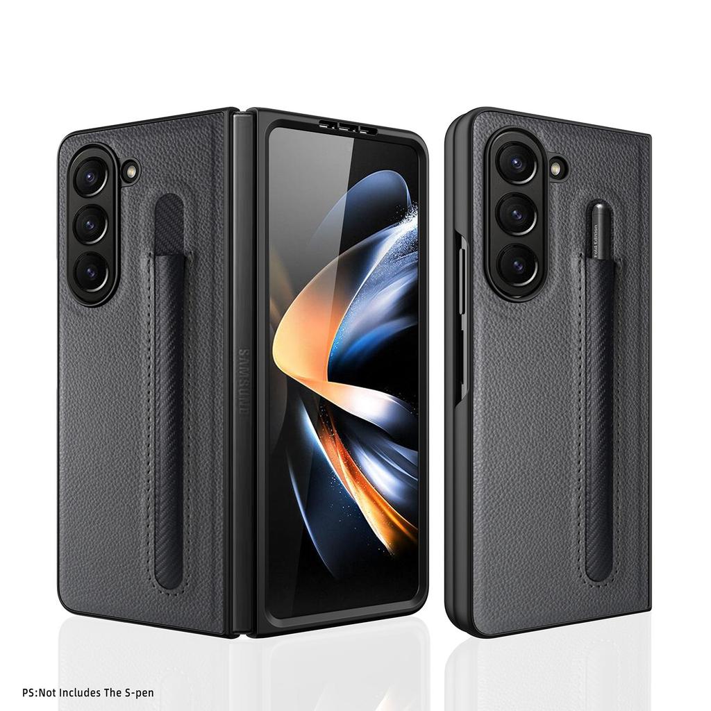 Для Samsung Galaxy Z Fold 5 Чехол из кожи личи Бизнес с слотом для S-Pen и встроенным закаленным стеклом Защитная крышка-раскладушка