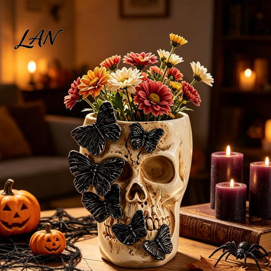 Personalized Resin Crafts Black Butterfly Skull Vase, Skeleton Pen Holder, Gothic Flower Vase Arrangement Container, Creative Desktop Organizer