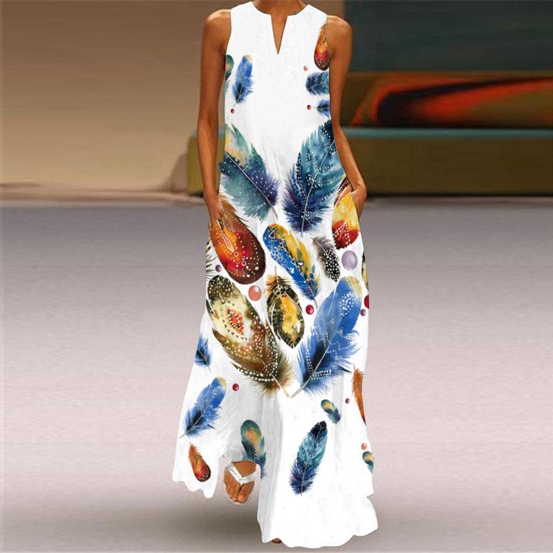 2026 Summer Women's Fashion Sexy Digital Printing V-Neck Sleeveless Long Dress Pocket European and American Dress S-5XL