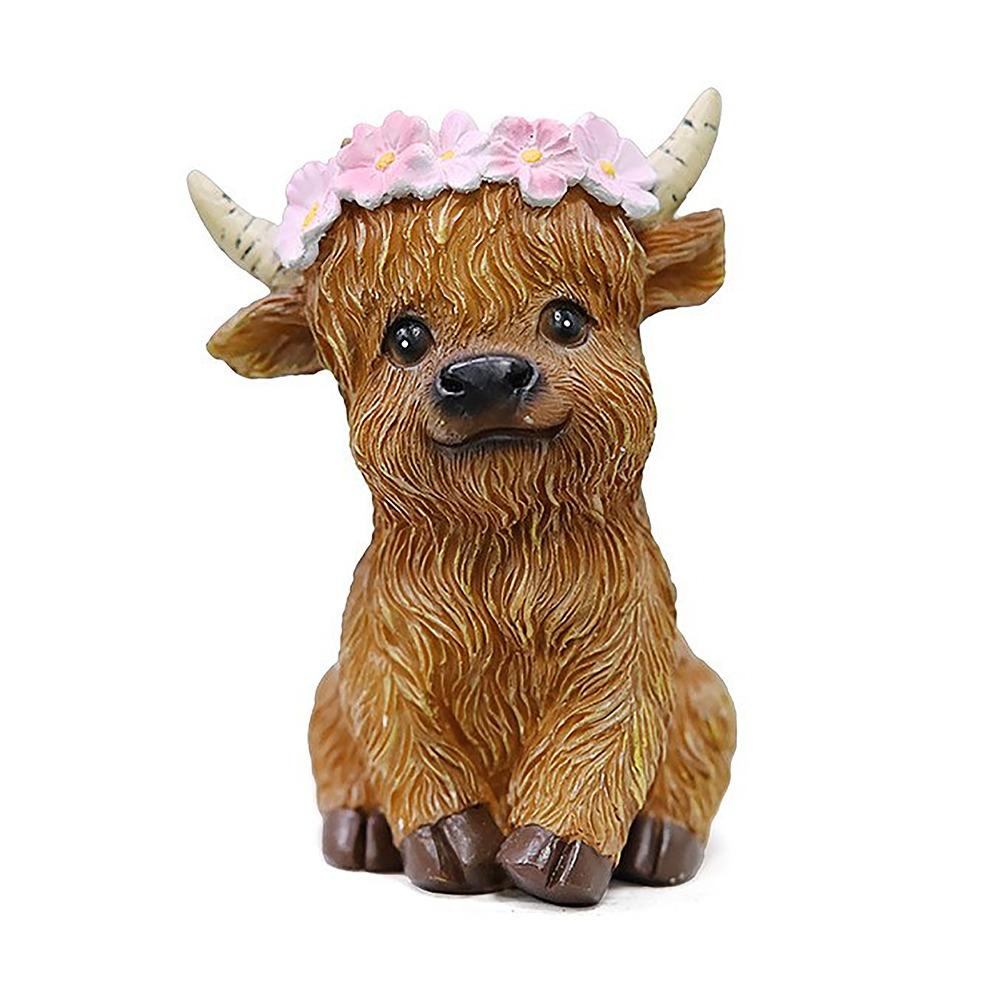Resin Floral Crown Cattle Resin Tabletop Figurine Farmhouse Living Room Shelf Display Ornament