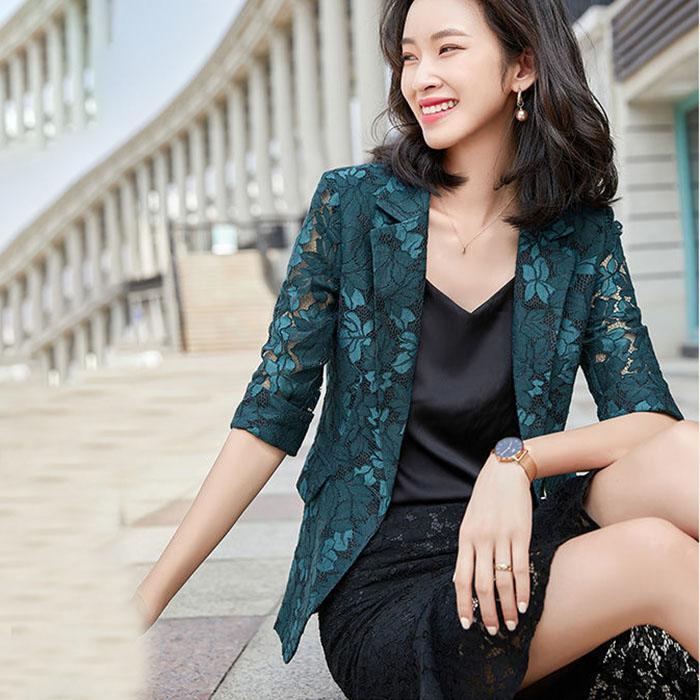 Lace Suit Coat Women's Large Korean Version Spring and Summer Three-quarter Sleeve Top Sunscreen Shirt Cut-out Thin Suit