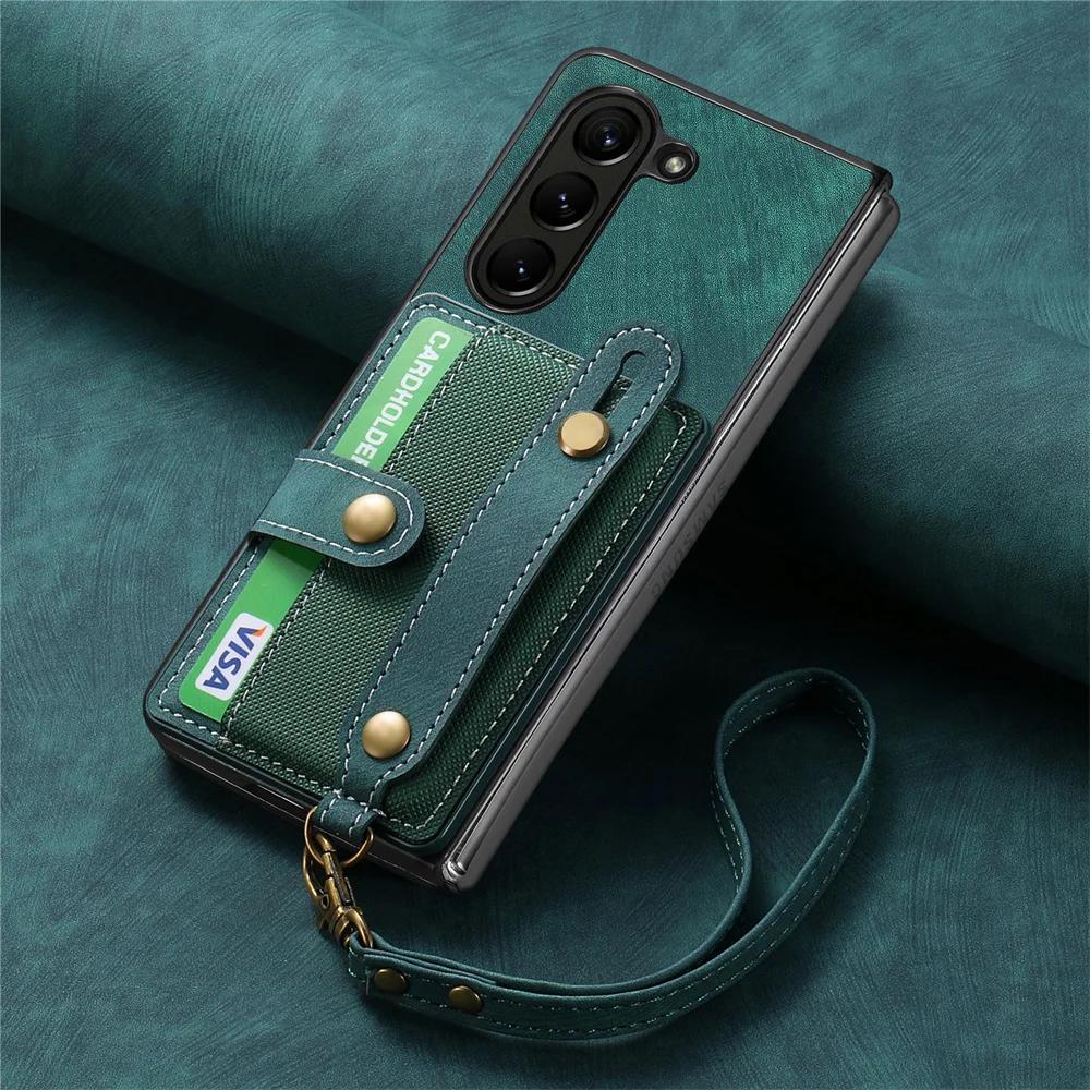 Чехол-кошелек с ремешком на запястье для Samsung Z Fold 6 5 4 S24 Ultra S23 FE S22 Plus A16 A15 A25 A35 A55, держатель для карт, противоударный защитный чехол из искусственной кожи