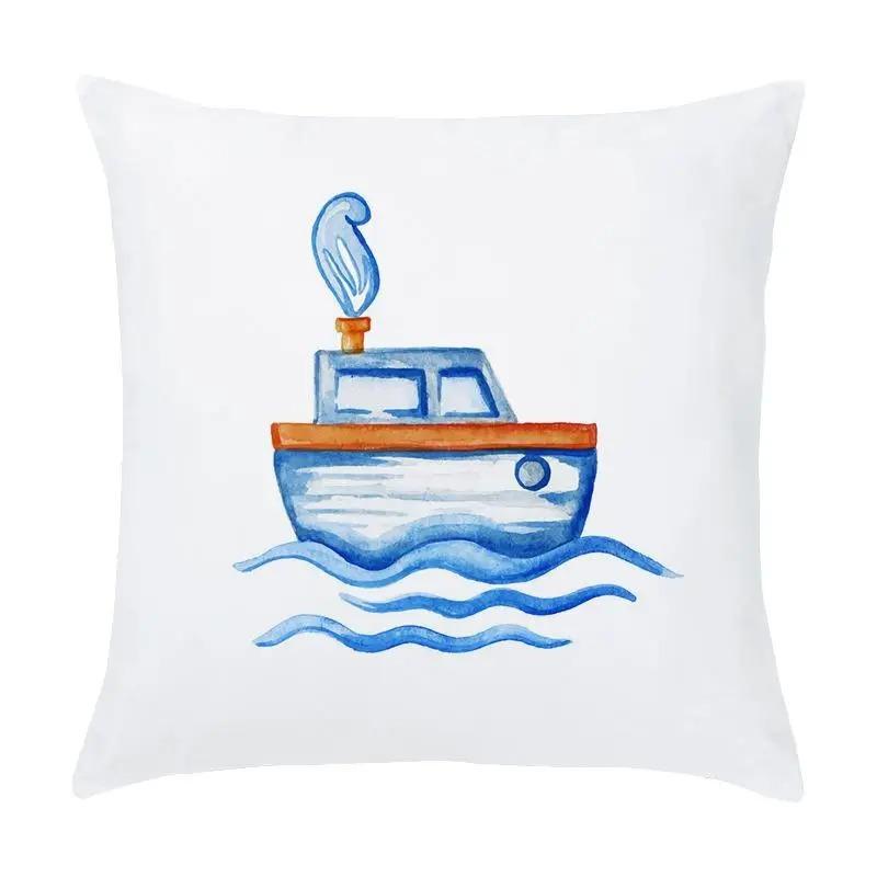 Cartoon Nautical Series Hot Air Balloon Lighthouse Print Pillow Cover Home Room Office Seat Living Room Sofa Cushion Cover