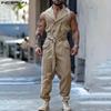 Men Lapel Sleeveless Buttons Solid Color Jumpsuits Casual Zipper Long Overslls
