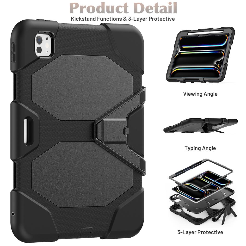 For iPad Pro 11 (2024) Case PC+Silicone Kickstand Tablet Cover with PET Screen Film