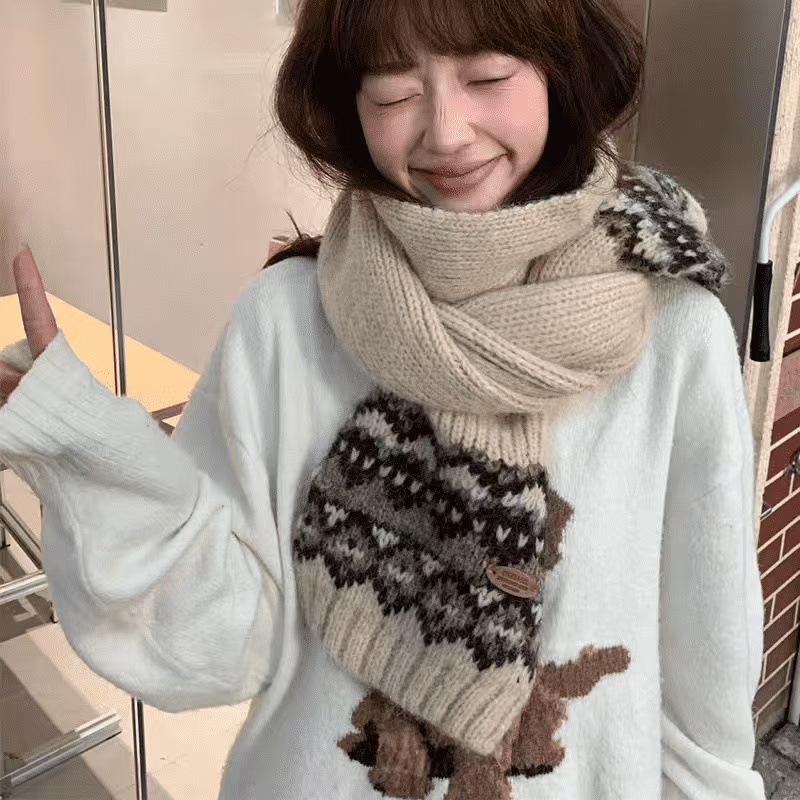 Fair Isle Red Wool Christmas Scarf: Women's Winter 2024 Korean Style Neck Warmer