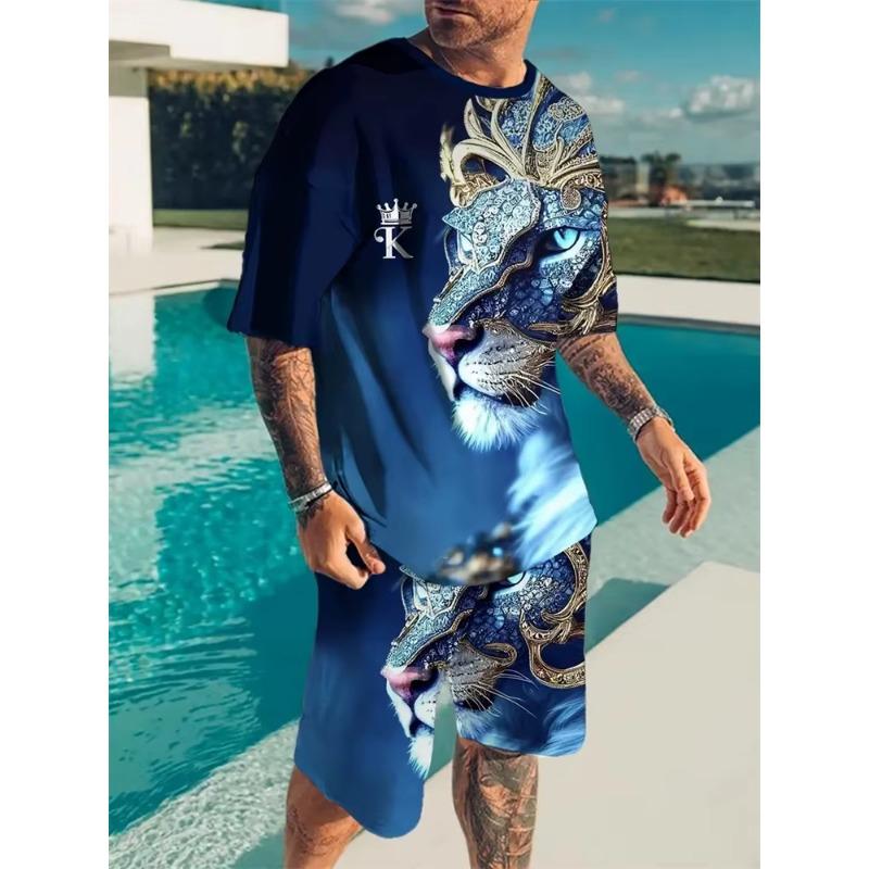 Летний мужской повседневный домашний костюм с 3D-принтом в виде льва в винтажном стиле, с круглым вырезом, короткими рукавами, шорты из двух частей, шорты на шнурке, праздничный костюм