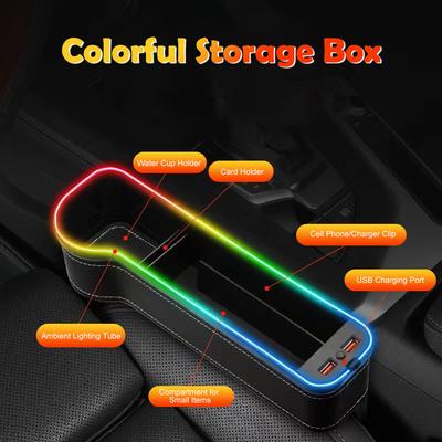 Новый автомобильный ящик для хранения щелей с 2 USB-зарядными устройствами, красочный светодиодный карманный органайзер для сидений, держатель для бутылок и чашек для карточек, телефонов