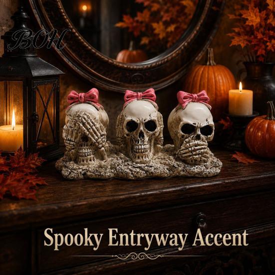 Sweet And Cool Room Decor Pink Bow Skull Figurine, See Hear Speak No Evil Skulls Ornament, Handmade Resin Art Gothic Statue for Halloween Home