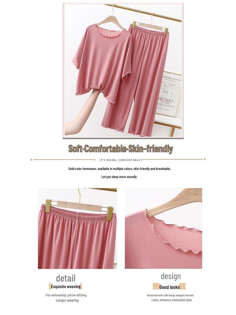 Женский пижамный комплект из хлопка и модала: Летне-осенняя футболка с коротким рукавом из ледяного шелка, больших размеров, для ношения дома или на улице