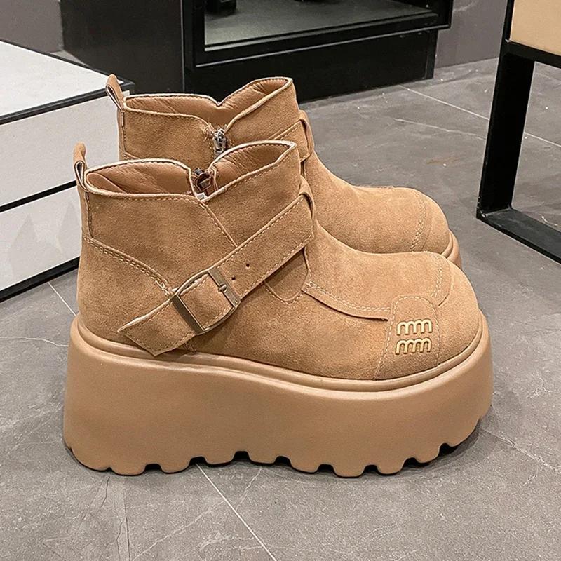 Ботильоны женские на платформе из меха, замшевые туфли на плоской подошве, модная женская обувь 2025 года, трендовая зимняя дизайнерская обувь для ходьбы, теплая повседневная женская обувь для снега
