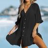 Рубашка-накидка с v-образным вырезом и короткими рукавами, однобортная однобортная рубашка свободного кроя с оборками, летняя тонкая солнцезащитная рубашка, платье, пляжная одежда