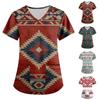 Women's Ethnic Printed Short Sleeve V-neck Tops Working Pocket Blouse