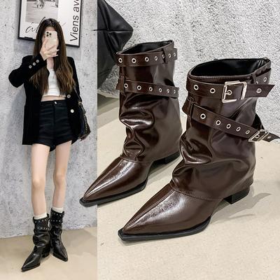 Модные Модные и универсальные ботильоны на высоком каблуке с острым носком для женщин 2025 новый дизайнерский смысл, нишевые ботильоны с пряжками