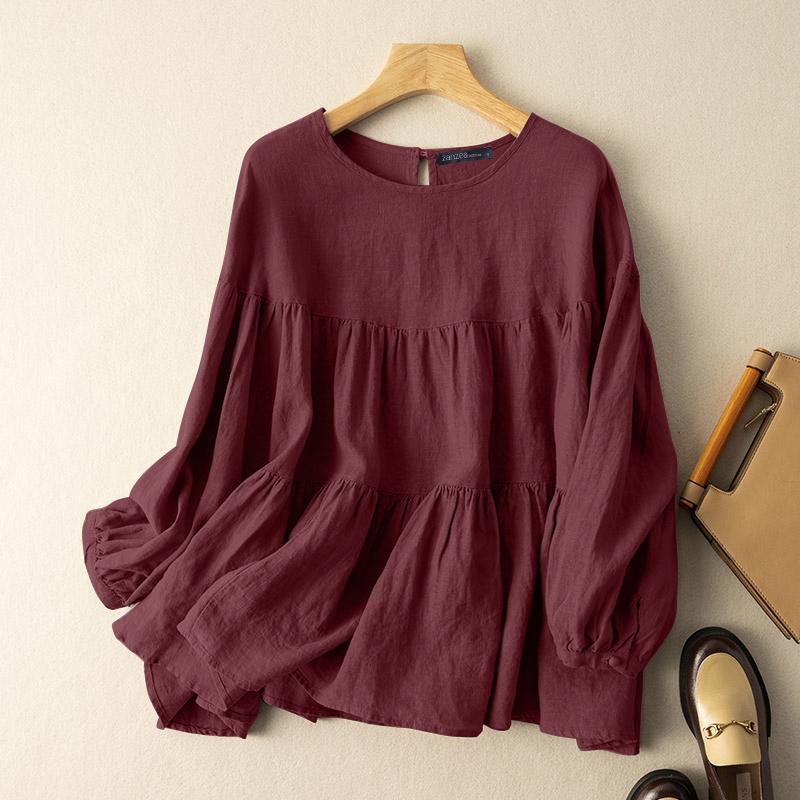 ZANZEA Женская повседневная блузка с длинным рукавом и круглым вырезом, сплошной цвет, большие размеры