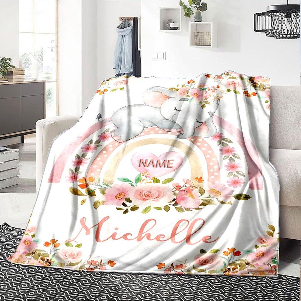 Cute Baby Elephant With Floral Rainbow And Personalized Design Throw Customizable Blanket Personalized Name Soft Cozy Perfect For Sofa Couch Office