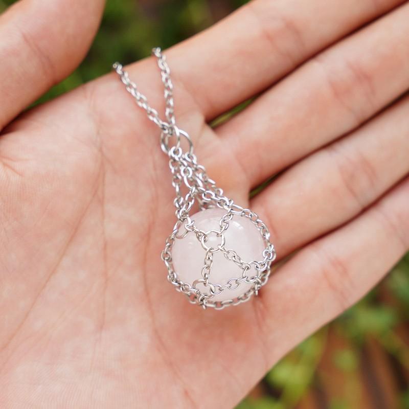 Handmade Crystal Stone Pendant Necklace With Adjustable Metal Chain Mesh Cage Charm Women Men