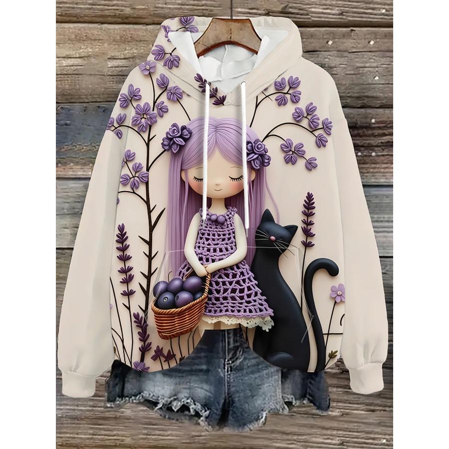 Women's Hooded Sweatshirt with Vintage Black and White Floral Print, Polyester Fabric, Casual and Versatile Spring/Autumn Top