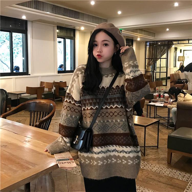 Vintage Sweaters Women Pullover Winter Striped Jumpers Loose Pullover Knitwear Casual Loose Sweater Pull Femme