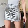 Women Skirt High Waist Faux Leather Button Zipper Closure Soft Ultra Short Glossy Pockets Slim Fit Club Party Mini Skirt