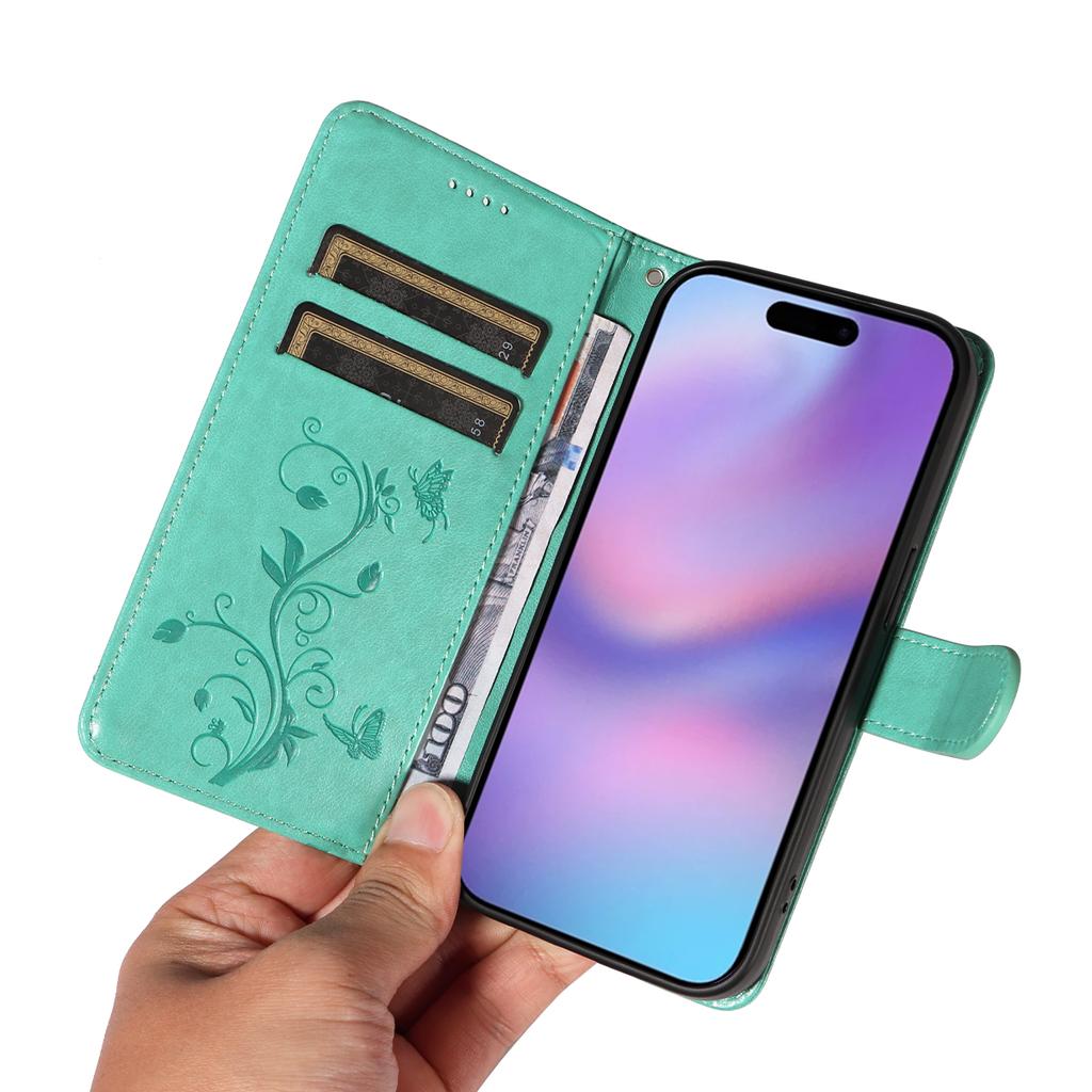 For iPhone 17 PU Leather Cases Flower Pattern Wallet Stand Phone Cover with Strap