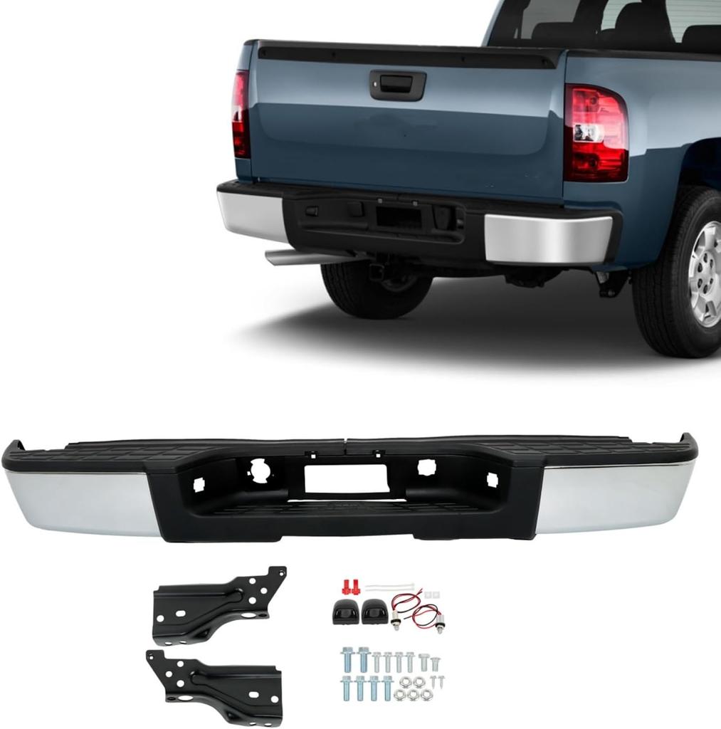 Chrome Rear Bumper Replacement for 2007-2013 Chevy Silverado Sierra 1500 Truck 22932803 20899359 GM1191125 GM1191126 GM1191124 GM1103147