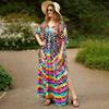 2023 Boho Print Bikini Cover-ups Sexy Batwing Sleeve Maxi Dress Women Moroccan Kaftan Robe Beach Wear Swim Suit Cover Up Q1450