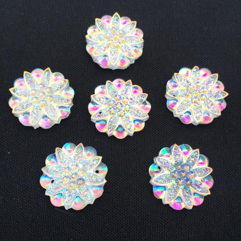 20pcs 18mm Round Flower AB Resin Crystal Strass Applique and 2 Holes Buttons for Diy Clothing - HA27