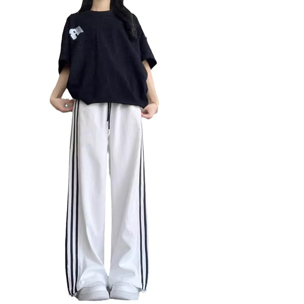 Women's High-Waist White Quick-Dry Wide-Leg Pants - Ice Silk, Anti-Mosquito, UV Protection, Summer Drape with Side Stripes