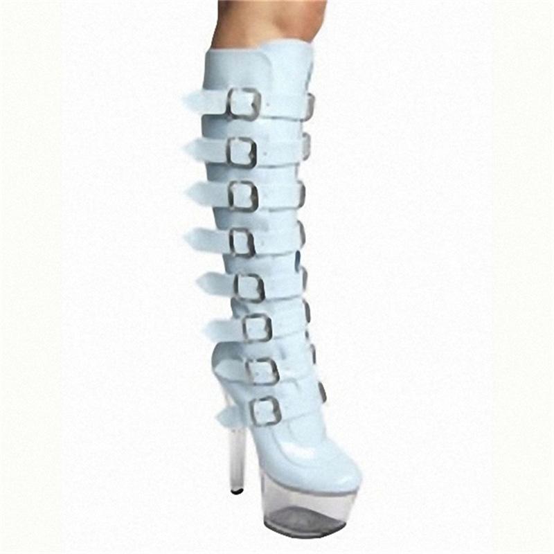 Рыцарские сапоги с круглым носком летние высокие синие с пряжкой женские самоклеящиеся модные сапоги 17 см супервысокий каблук