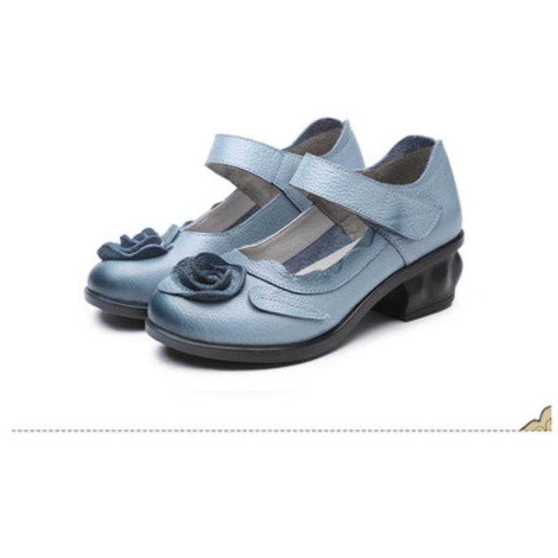 2023 Женские кожаные туфли ручной работы в стиле ретро на толстом каблуке с цветами Туфли-лодочки на высоком каблуке с круглым носком